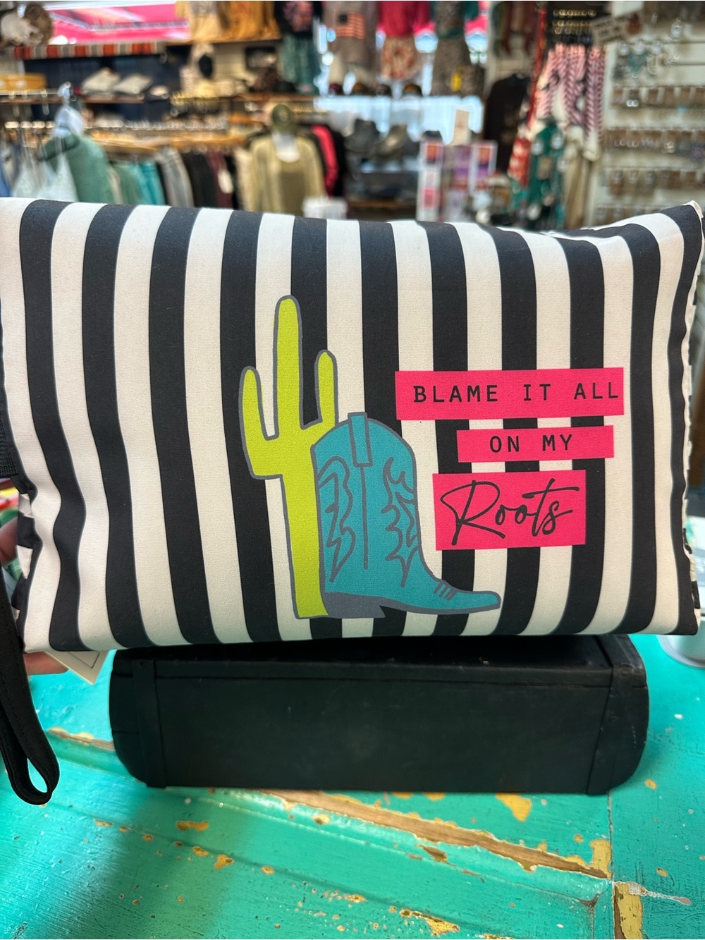 Striped Cosmetic Pouch with Turquoise Boot & Lime Cactus